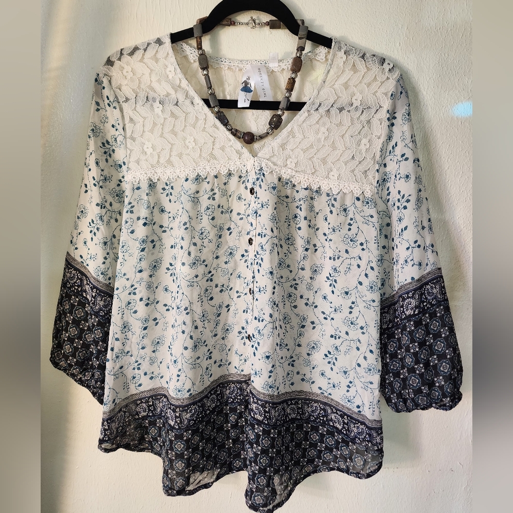 Society White and Blue Blouse with 3/4 Sleeves